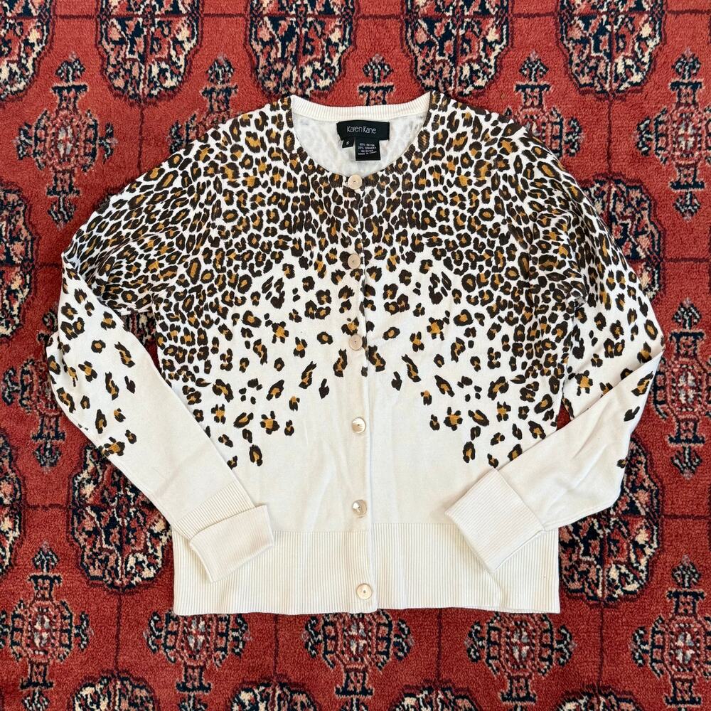 Karen Kane S‎ Animal Print on Ivory Smooth Knit Cardigan Sweater IMMACULATE!